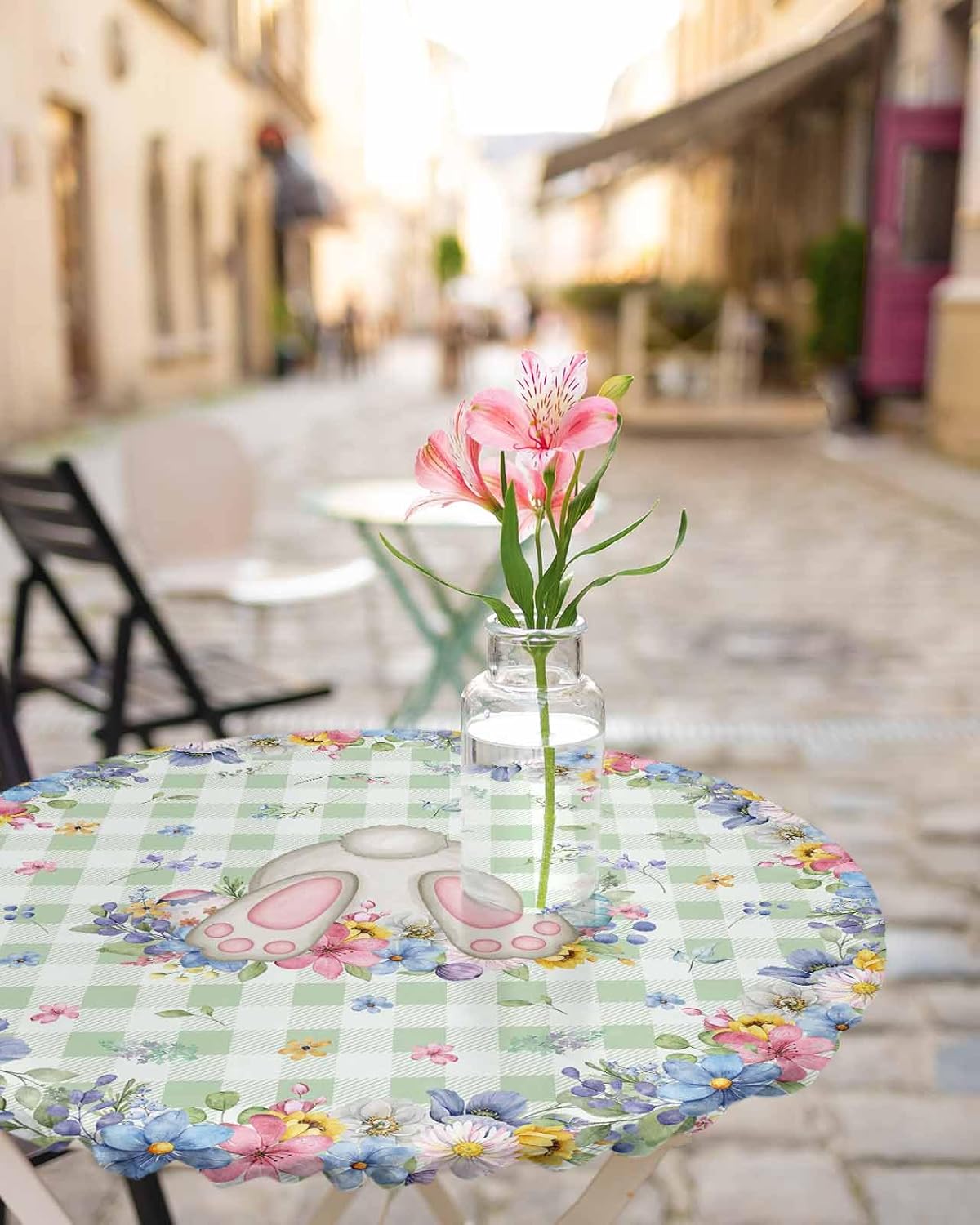 Happy Easter Fitted Round Tablecloth Bunny Tail Spring Flower Waterproof Oilproof Table Cloth with Elastic Edge Green Checker Table Covers for Indoor Outdoor Tables Decor Fits 36"-44",Small