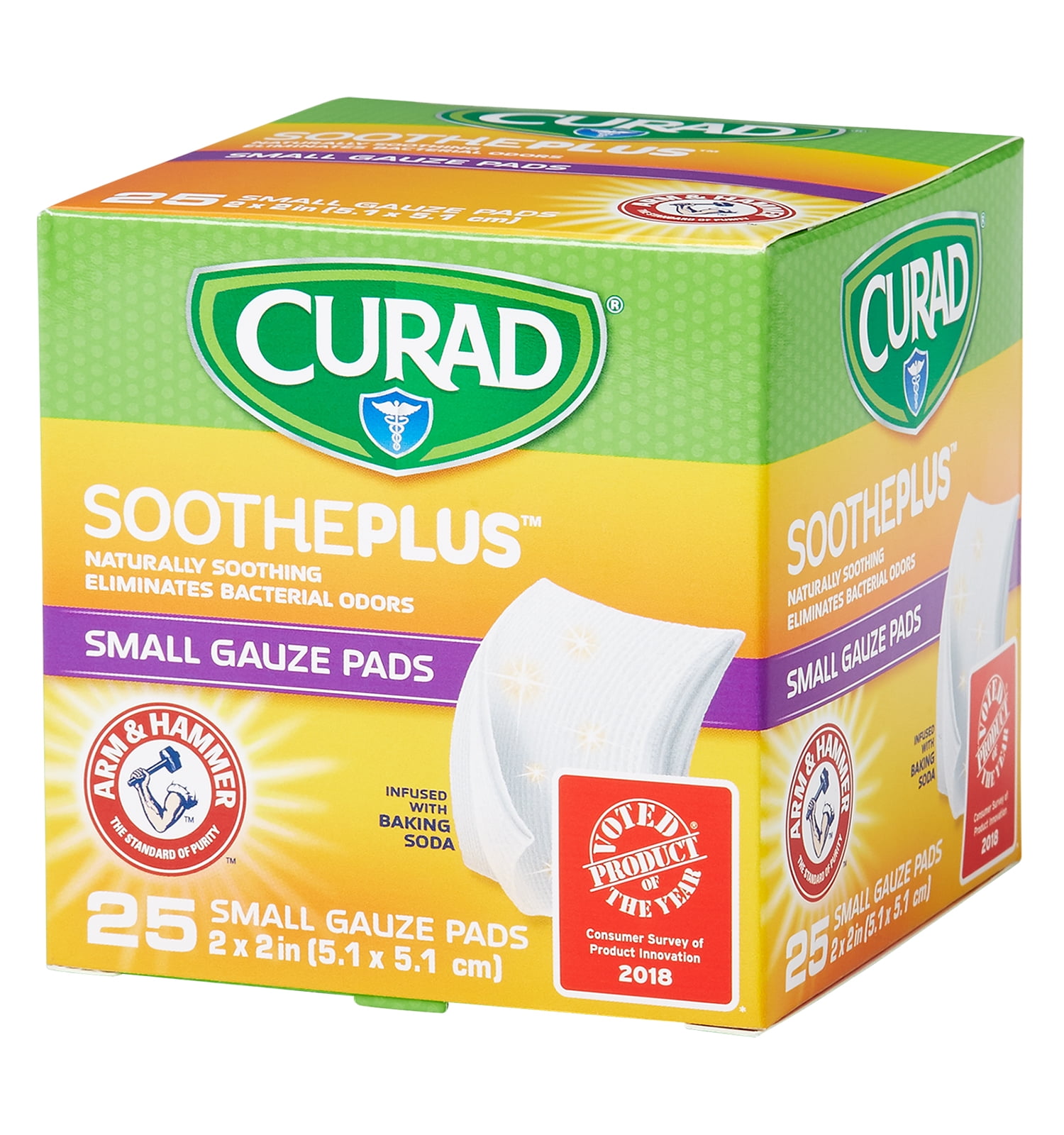 Curad Sootheplus Small Gauze Pads with Baking Soda, Arm & Hammer 2 x 2 in, 25 Ea, 6 Pack