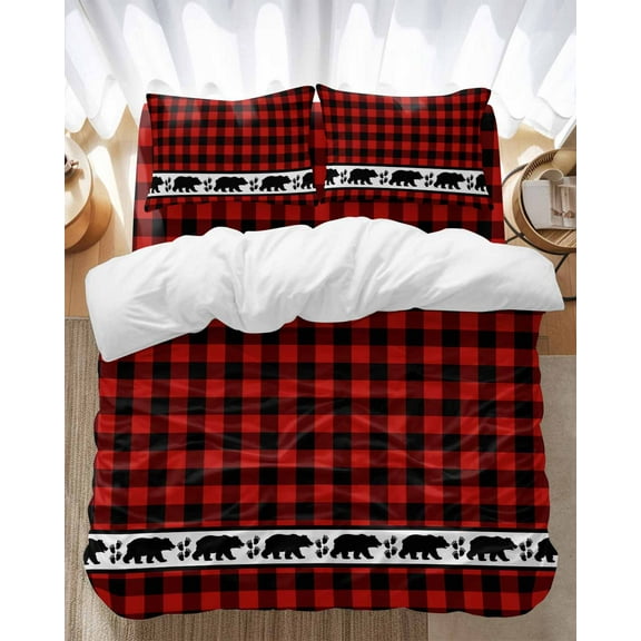 Retro Tribe Bear Bedding Duvet Cover Set Twin Size 4 Pieces Retro Red Black Checkered Bedding Set with Zipper Closure, 1 Comforter Cover 68x86 Inches 1 Flat Sheet & 2 Pillow Cases