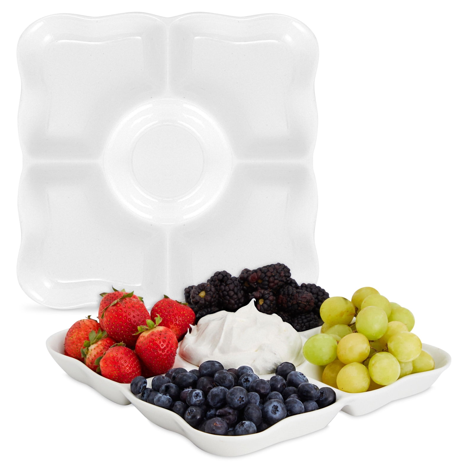 Set of 2 Porcelain Appetizer Trays, 5-Compartment Divided Serving Platters, 9.5 x 9.5 x 1 inches