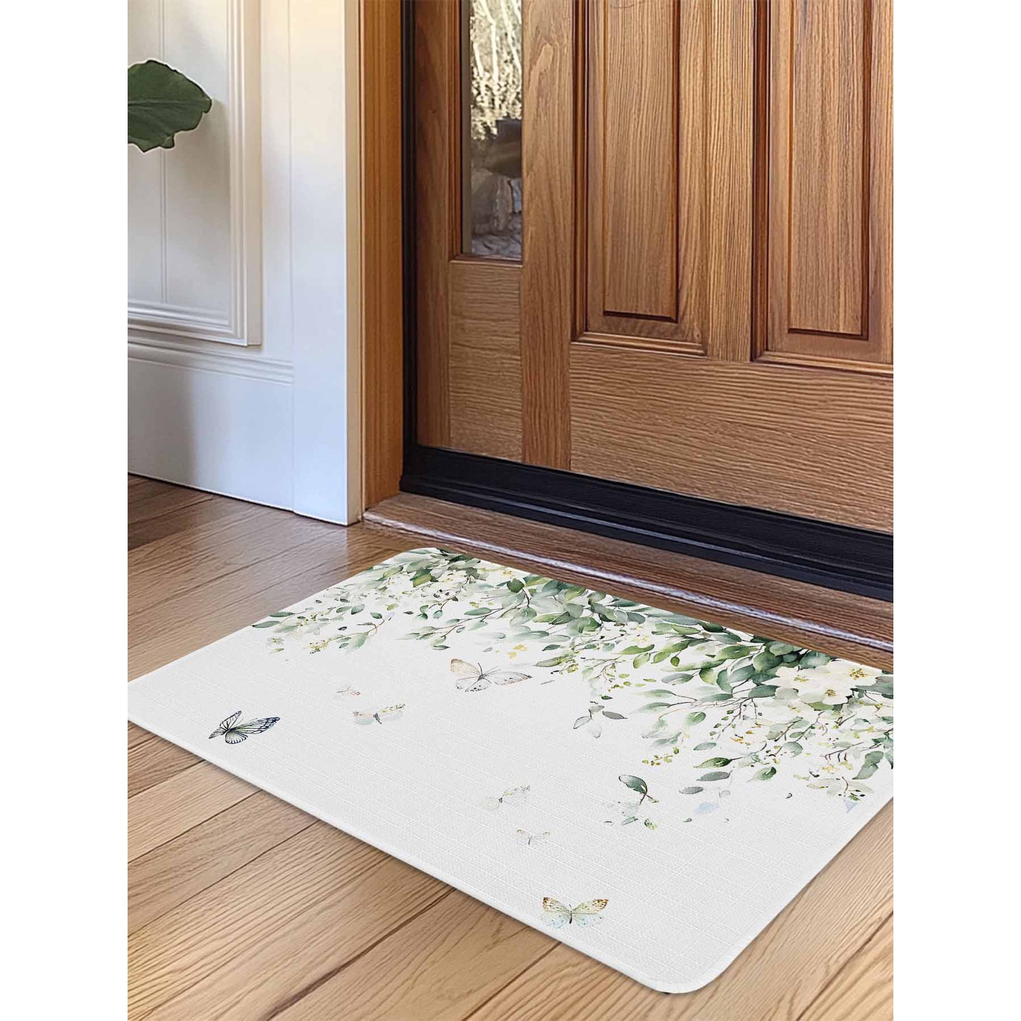 Eucalyptus Door Mat Indoor Outdoor Entrance, Non Slip Rug for Kitchen Bathroom Entryway Rug, Butterfly Sage Green Leaf Farmhouse Plant Washable Doormat Floor Mat for Office Home Decor 24x36 Inch