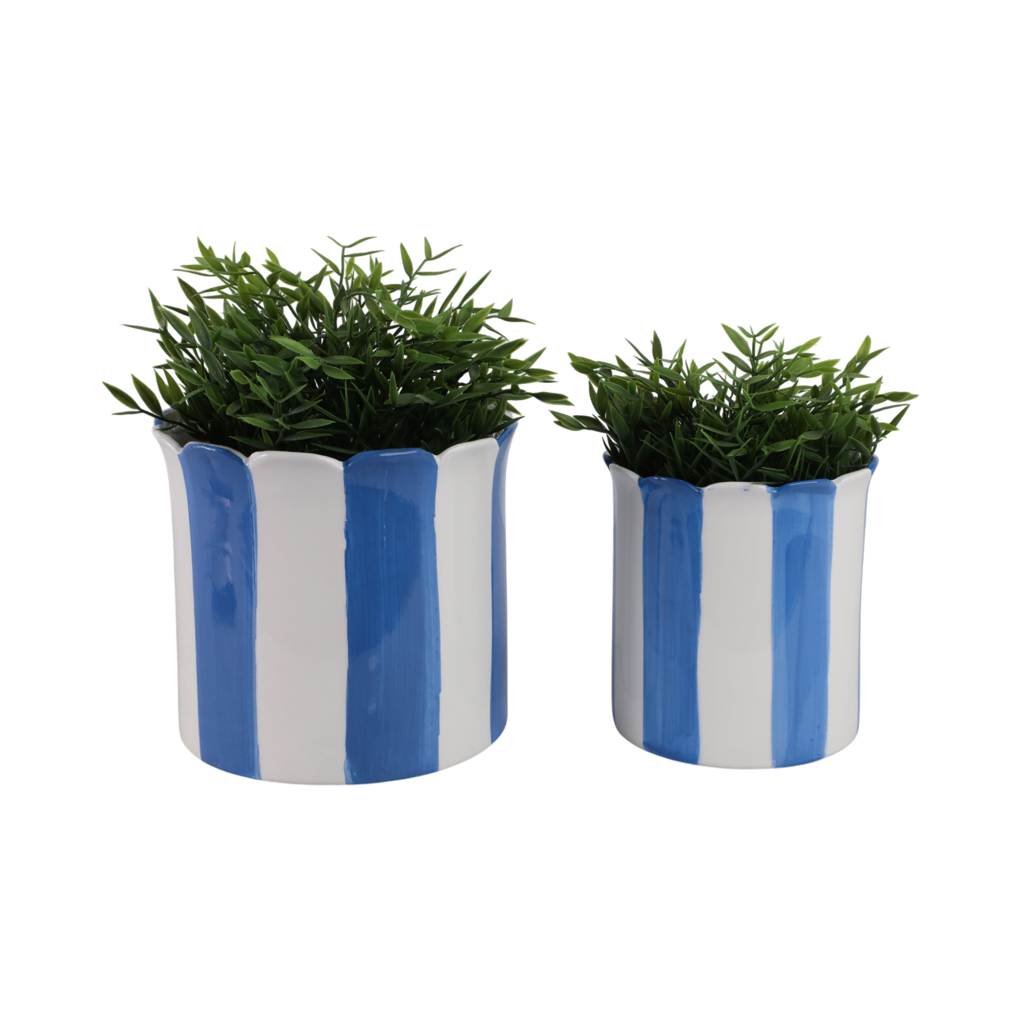 Ceramic Scalloped Striped Flower Pots for Home Decor - Decorative Planters for Indoor and Outdoor Plants - Plant Pots for Living Room and Garden Decor - Set of 2, 7", 6", Blue & White