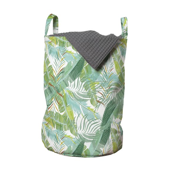 Exotic Laundry Bag, Summer Botany Themed Repeating Tropical Foliage Jungle Leaves Pattern, Hamper Basket with Handles Drawstring Closure for Laundromats, 13" x 19", Multicolor, by Ambesonne