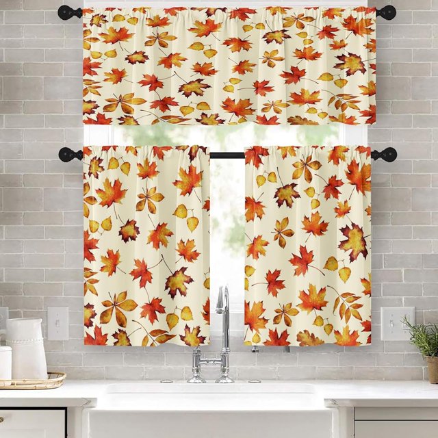 Fall Kitchen Curtains Autumn Window Curtains and Valances Set 24 Inch, Rustic Maple Leaves Short Tier Curtain for Kitchen, Farmhouse Small Kitchen Decor