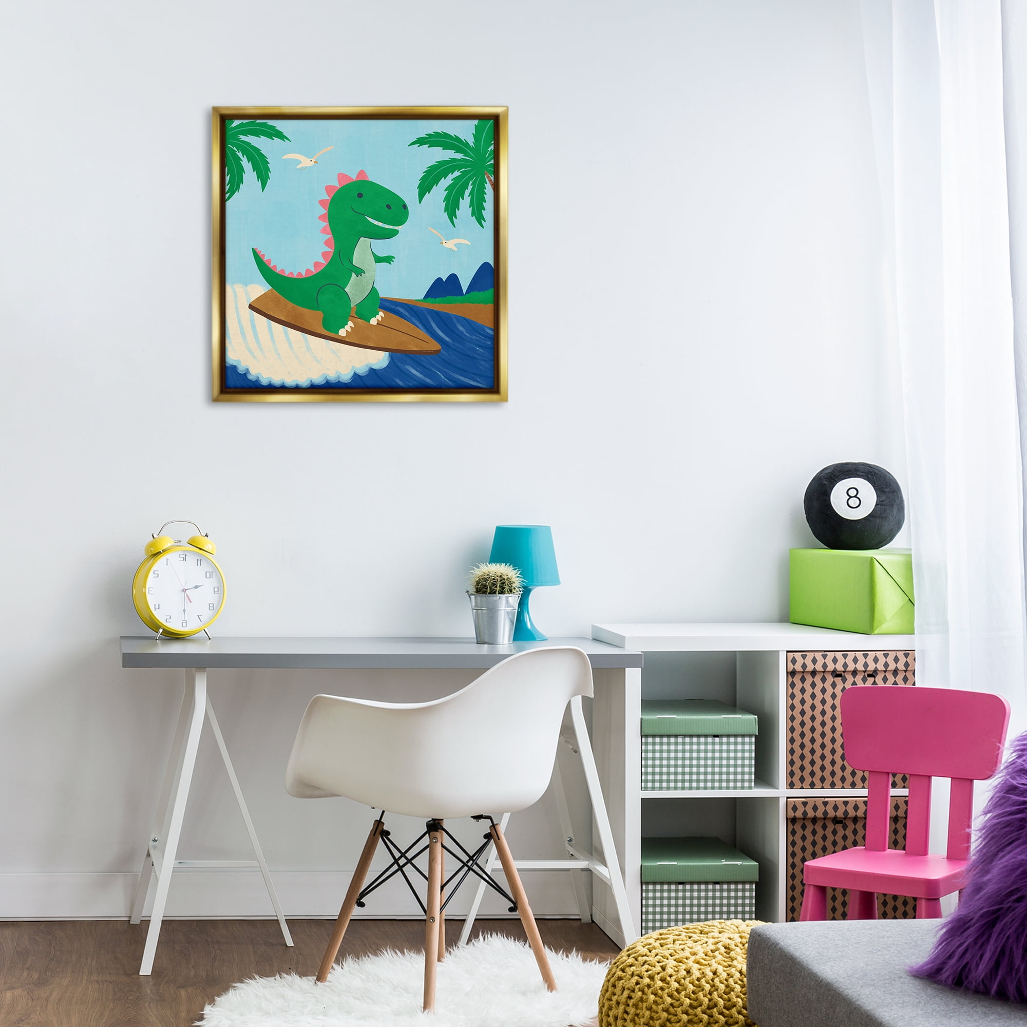 Stupell Industries Baby Surfing Dino Animals Painting Gold Floater Framed Canvas Art Print Wall Art, 25 x 25