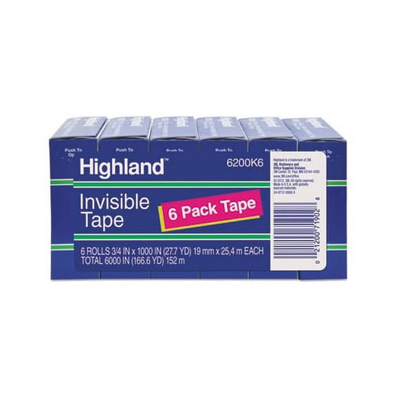Invisible Permanent Mending Tape 3/4" x 1000", 1" Core, Clear, 6/Pack