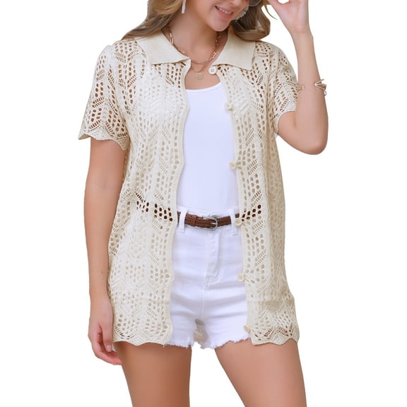 DARING DIVA Women's Button Down Short Sleeve Crochet Hollow Out Beach Cover Up S Apricot