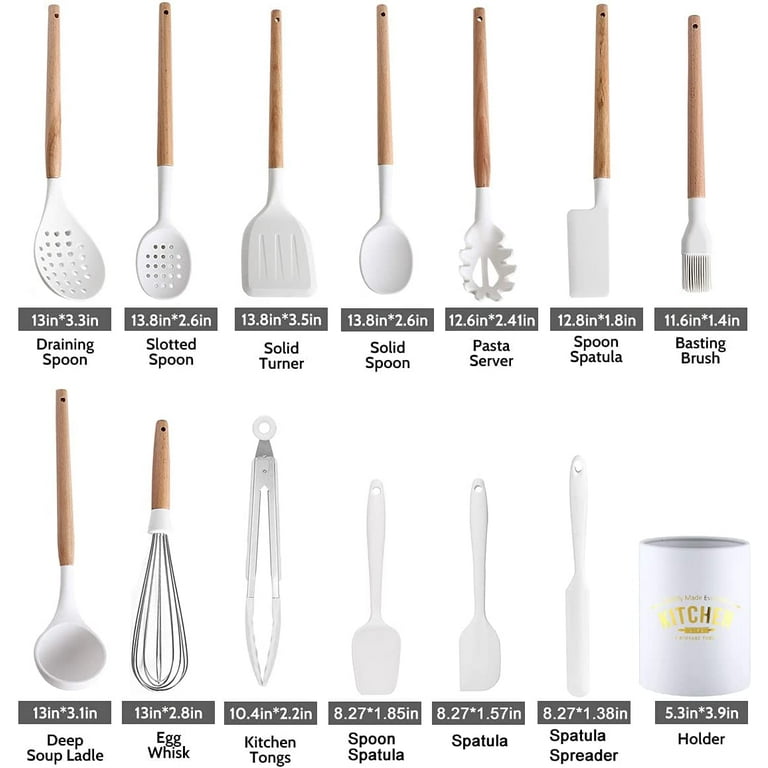 Aoibox 14-Piece Silicon Cooking Utensils Set with Wooden Handles and Holder  for Non-Stick Cookware, White SNPH002IN459 - The Home Depot