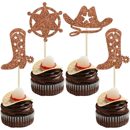 12pcs Cowboy Cupcake Toppers Hat Boot Cupcake Picks Western Birthday Cowboy Party Decorations for Western Baby Shower Party Cake Decorations Brown