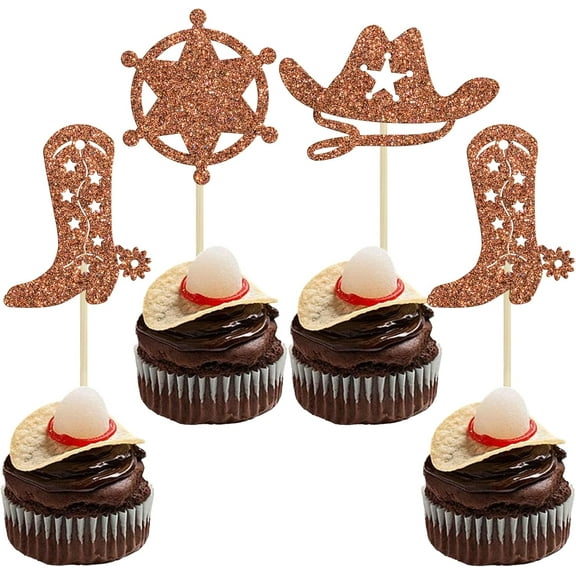 12pcs Cowboy Cupcake Toppers Hat Boot Cupcake Picks Western Birthday Cowboy Party Decorations for Western Baby Shower Party Cake Decorations Brown