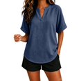 thumbnail image 3 of Oversized Tshirts for Women Casual Linen Cotton V Neck Short Sleeve Tops Loose Comfy Blue Summer Tops for Women, 3 of 9