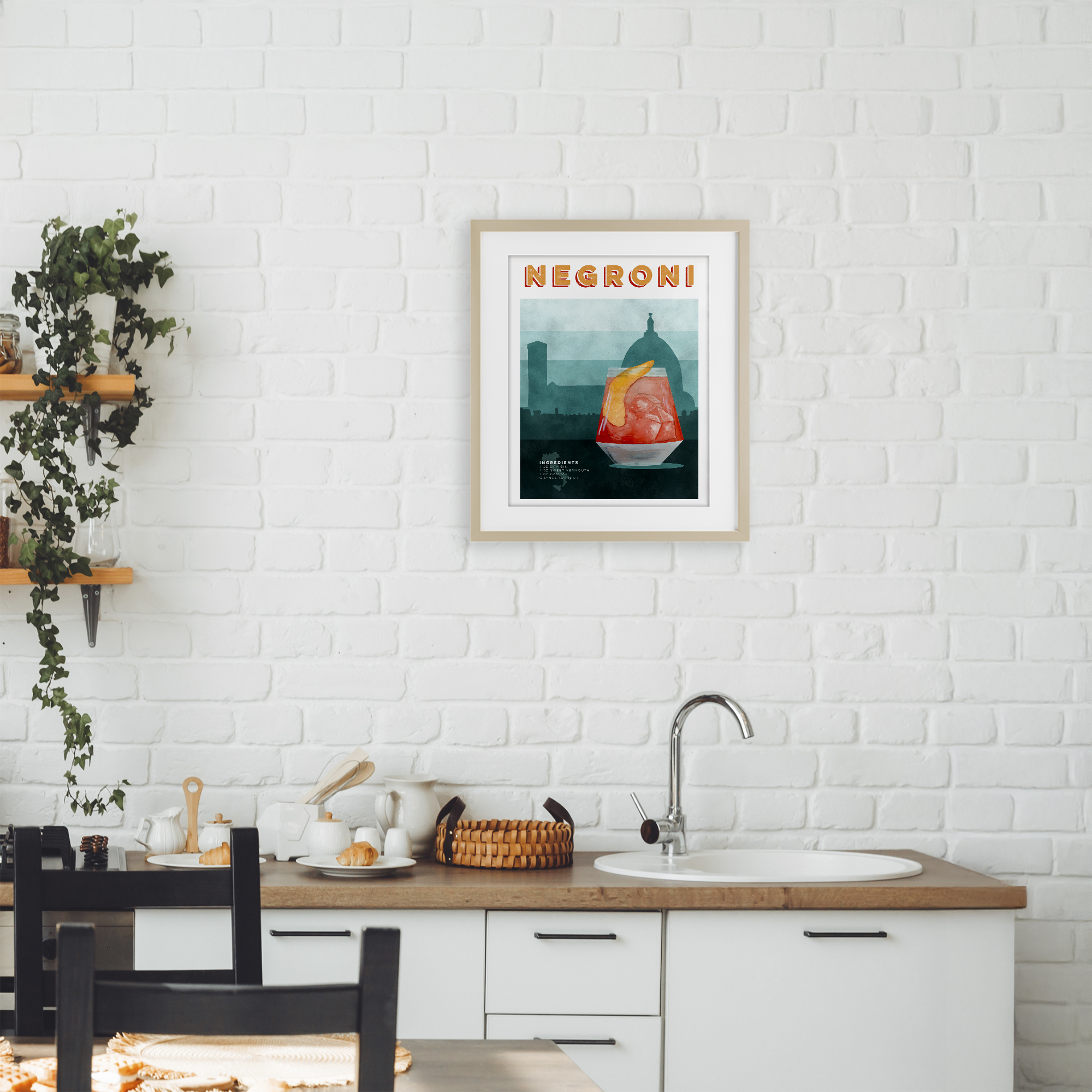 Retro Negroni & Architecture Birch Framed Print Under Glass, design by Brett Blumenthal
