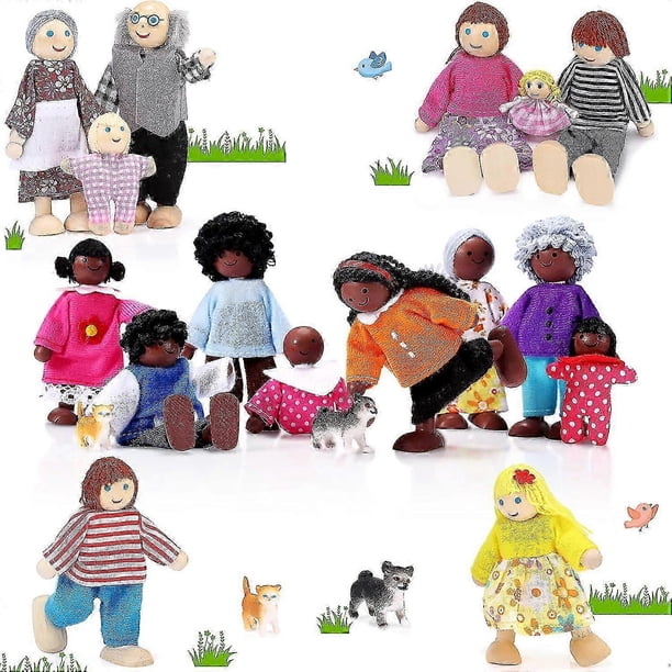 20 Pcs Wooden Dollhouse Family Set of 16 Mini People Figures and 4 Pets, Dollhouse Dolls Wooden Doll Family Cosplay Figures Accessories for Pret
