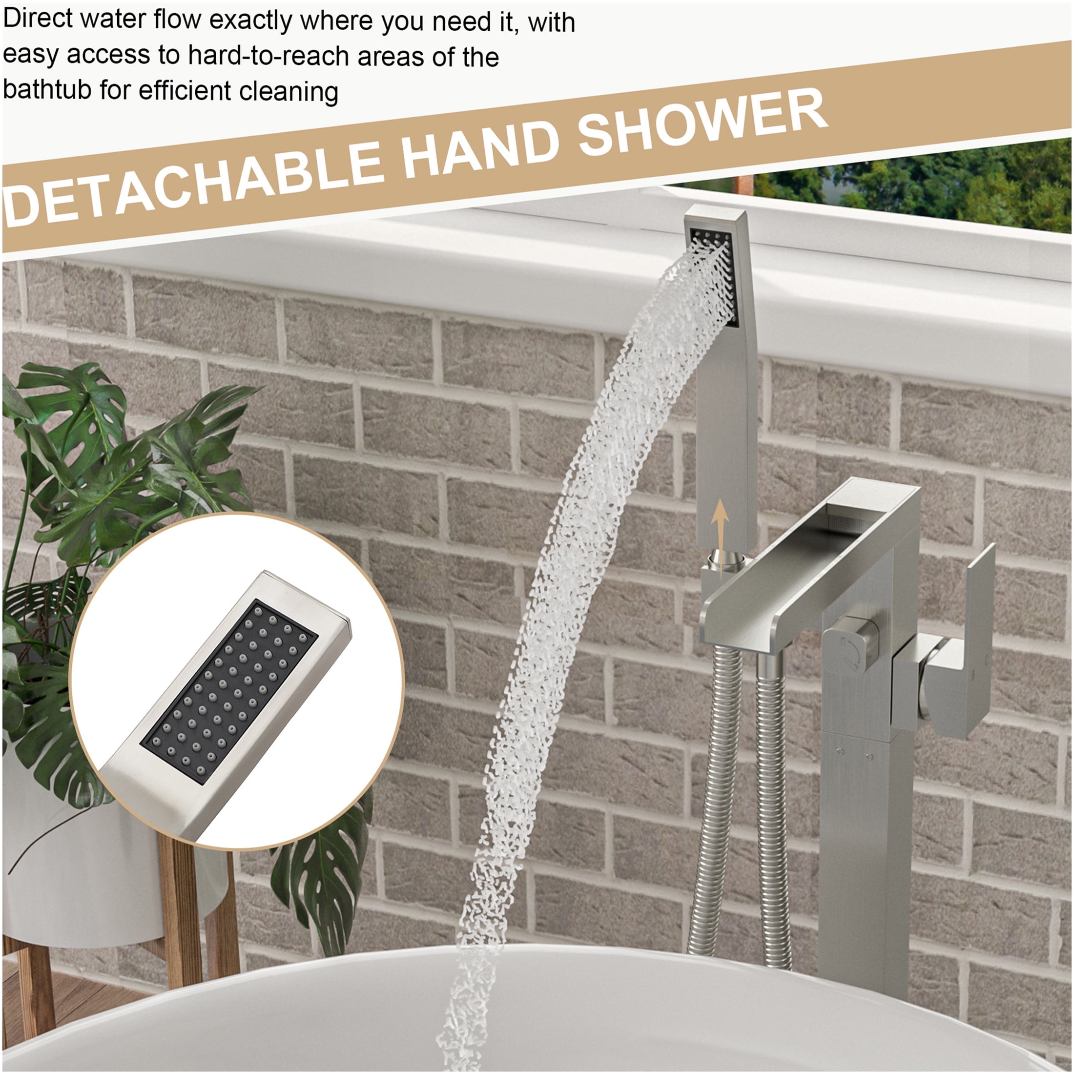 JERFIT Freestanding Bathtub Faucet with Hand Shower, 360° Rotatable Waterfall Spout, Brushed Nickel Floor Mount Tub Filler for Standard Bathroom