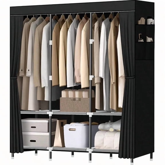 Wardrobe ClosetPortable Closet for Bedroom Steel Pipe Diameter 19mm Strong and Sturdy Black Portable Closets for Hanging Clothes with 3 Hanging rods 6 Storage Shees and Side Pockets