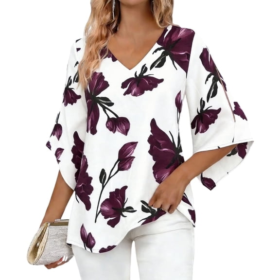 Cilsoka Fashion Tops for Women, Women's Ruffle 3/4 Sleeve Floral Tunic Tops V Neck Double Layers Loose Fit Chiffon Flowy Blouses Shirt, Graphic Trendy Tees