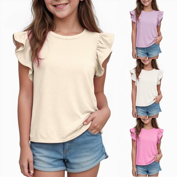 WUANDIXFA Girls Breathable Summer Short Sleeve Tops for 2-11 Years, Soft T Shirts Cute Fashion Basic Casual Athletic Tee for Kids White,6-7 Years