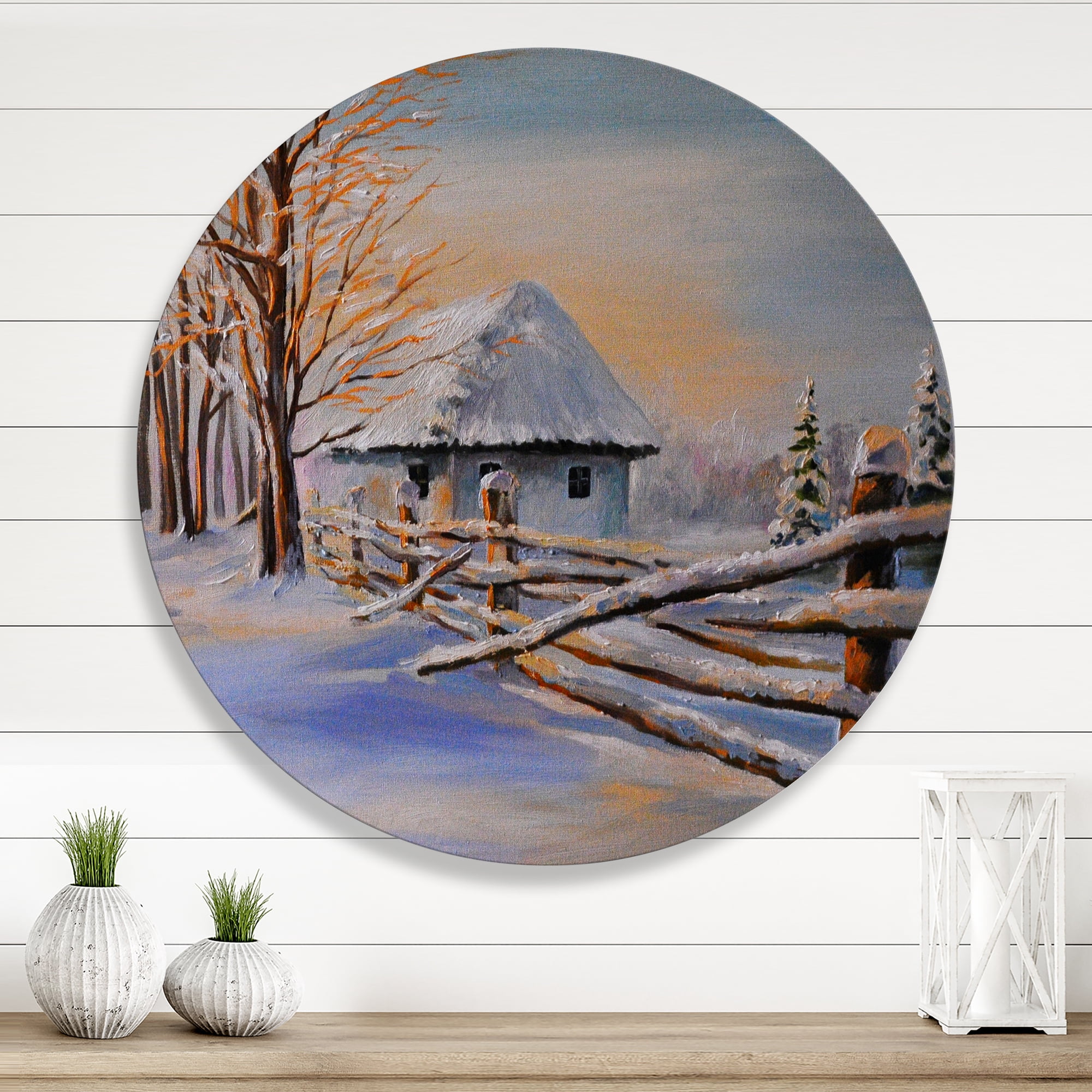 Designart 'Traditional Cottage Covered With Snow In Winter II' Traditional Circle Metal Wall Art 23x23 - Disc of 23