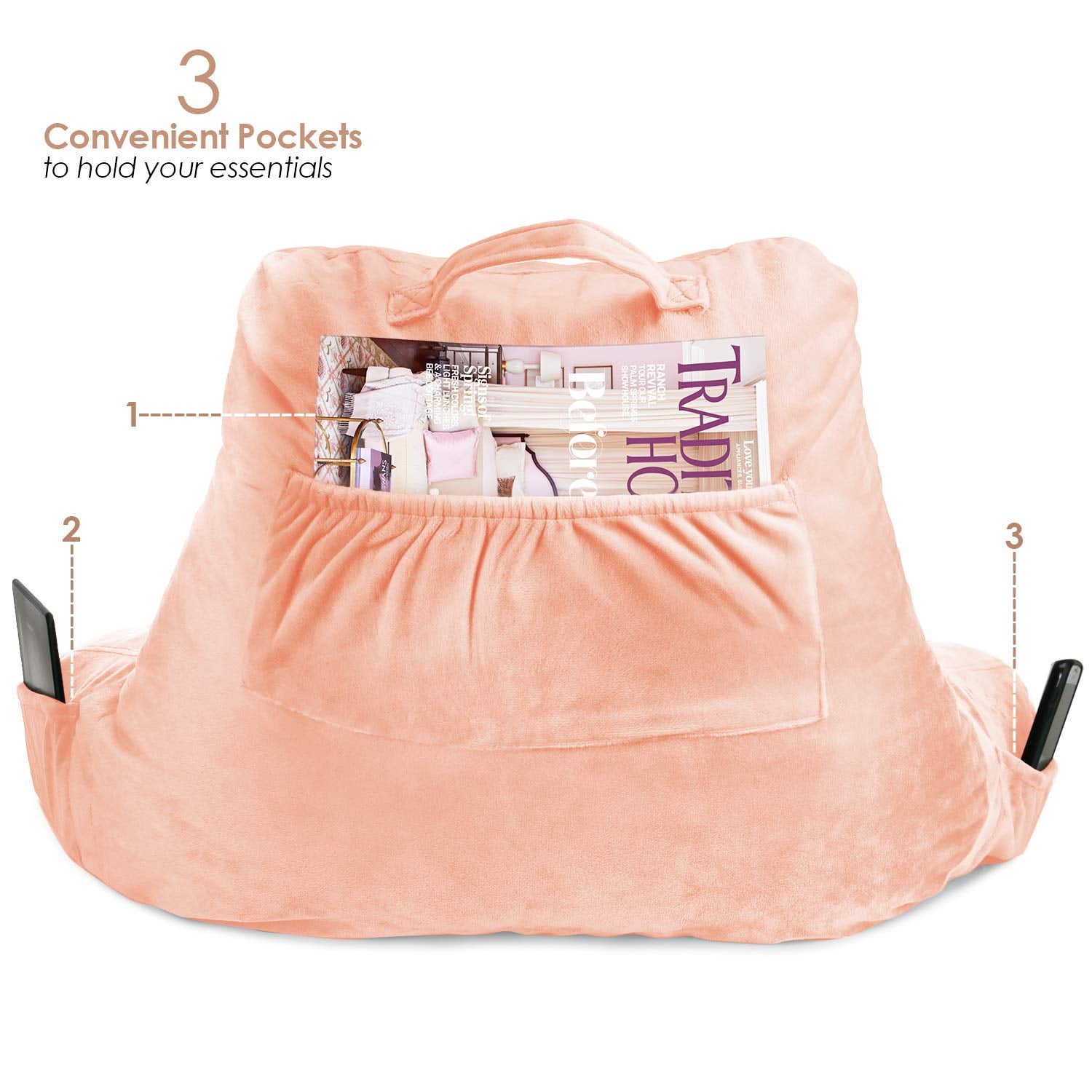 Clara Clark Bed Rest Reading Pillow with Arms and Pockets, for Kids Teens & Adults - Premium Shredded Memory Foam TV Pillow, Medium, Peach