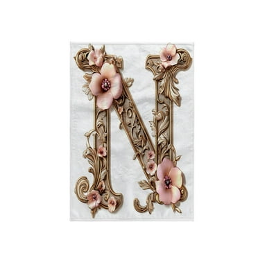 3dRose, Pink and Image Of Gold Floral Monogram Initial N, 15x22 Hand Towel