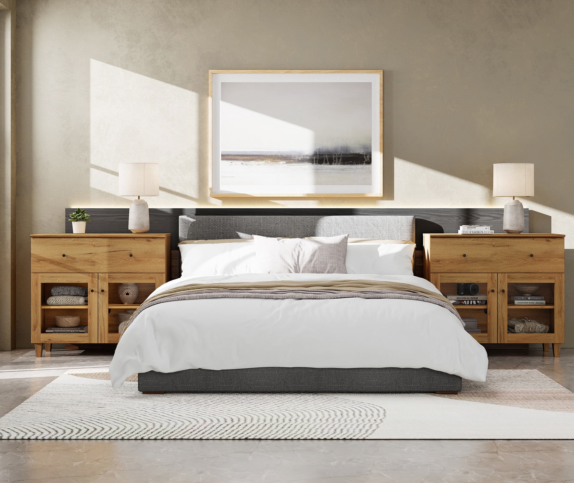 Large Bedroom Nightstand with Glass Doors, Tall Bedside Table with Drawer, Shelf and Cable Management, Brown