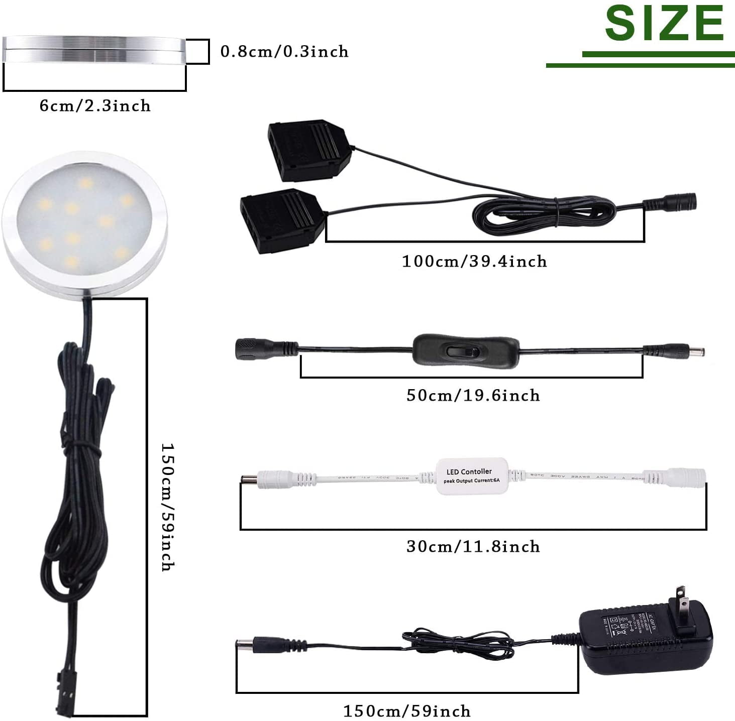 LED Under Cabinet Puck Lights Kit - 6 Pack Dimmable 12W Aluminum Lights with Black Cord and Wireless RF Remote Control (6000K Daylight White) for Kitchen Counter and Closet Lighting