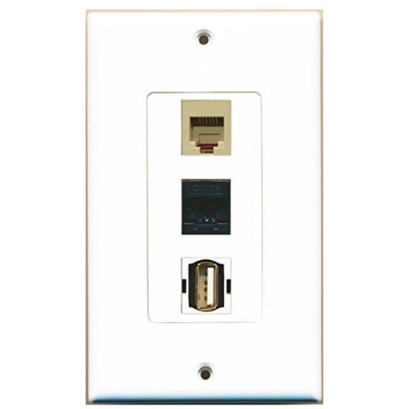 RiteAV - 1 Port USB A-A and 1 Port Phone RJ11 RJ12 Beige and 1 Port Cat5e Ethernet Black Wall Plate Decorative