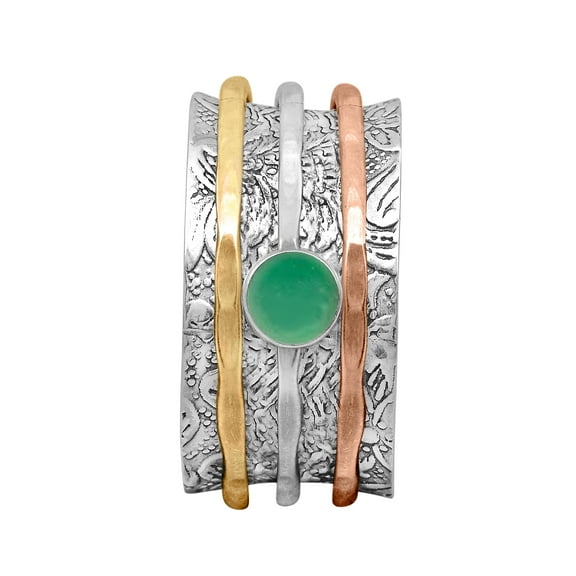 5MM Round Green Jade 925 Silver Dual Tone Meditation Anxiety Women Spinner Ring