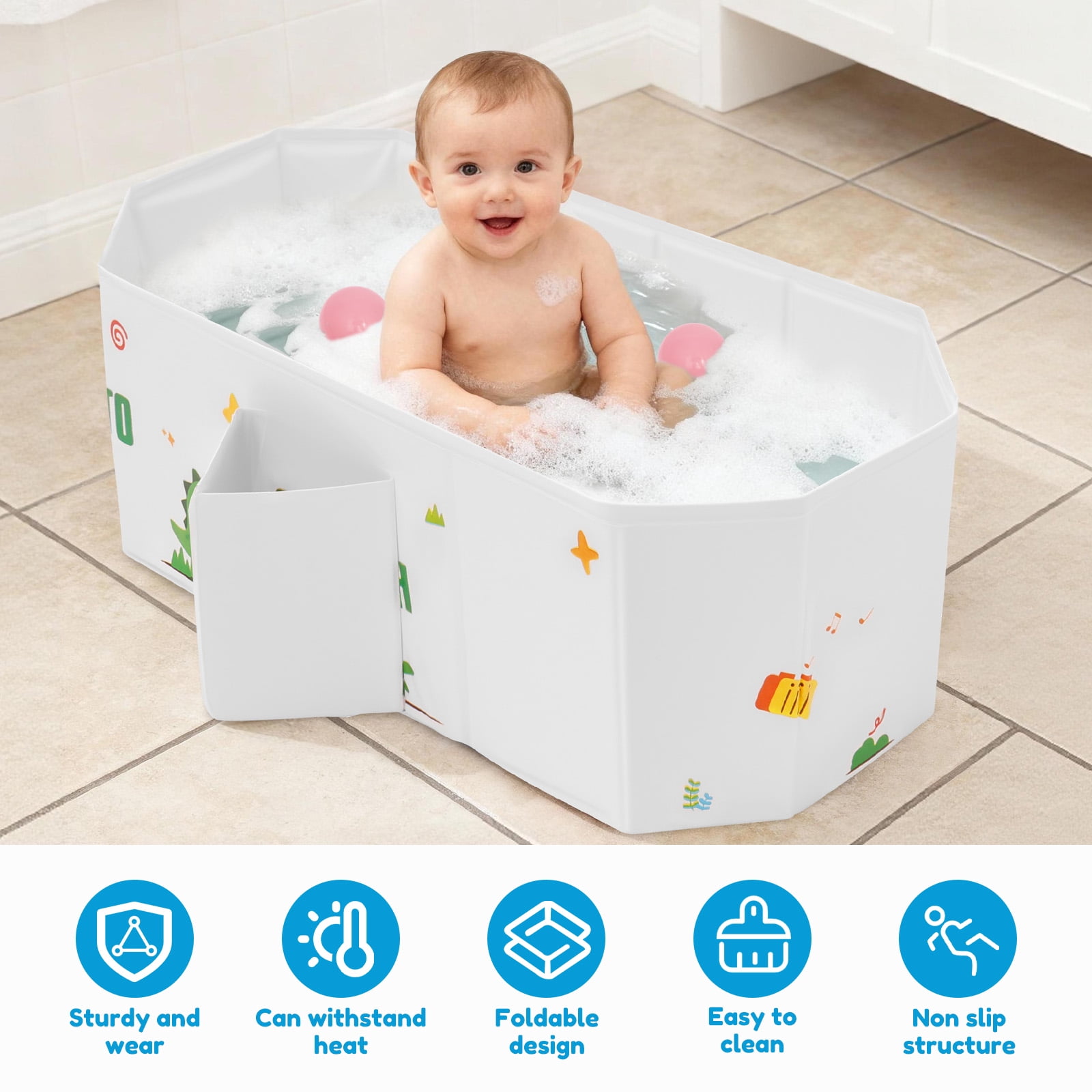 Austok Foldable Bathtub for Children Multifunctional Portable Bath Tub Large Toddler Bath for Age 0-8 All in One Design with Drain Plug