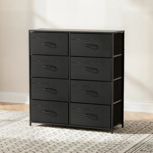 MUEBLANA - Cómoda Cajonera para Recamara 8 Cajones de Tela con Parte Superior y Frontal de Madera Marco de Acero 80 x 101 cm Sala, Oficina Color Negro Mueble Organizador para Ropa