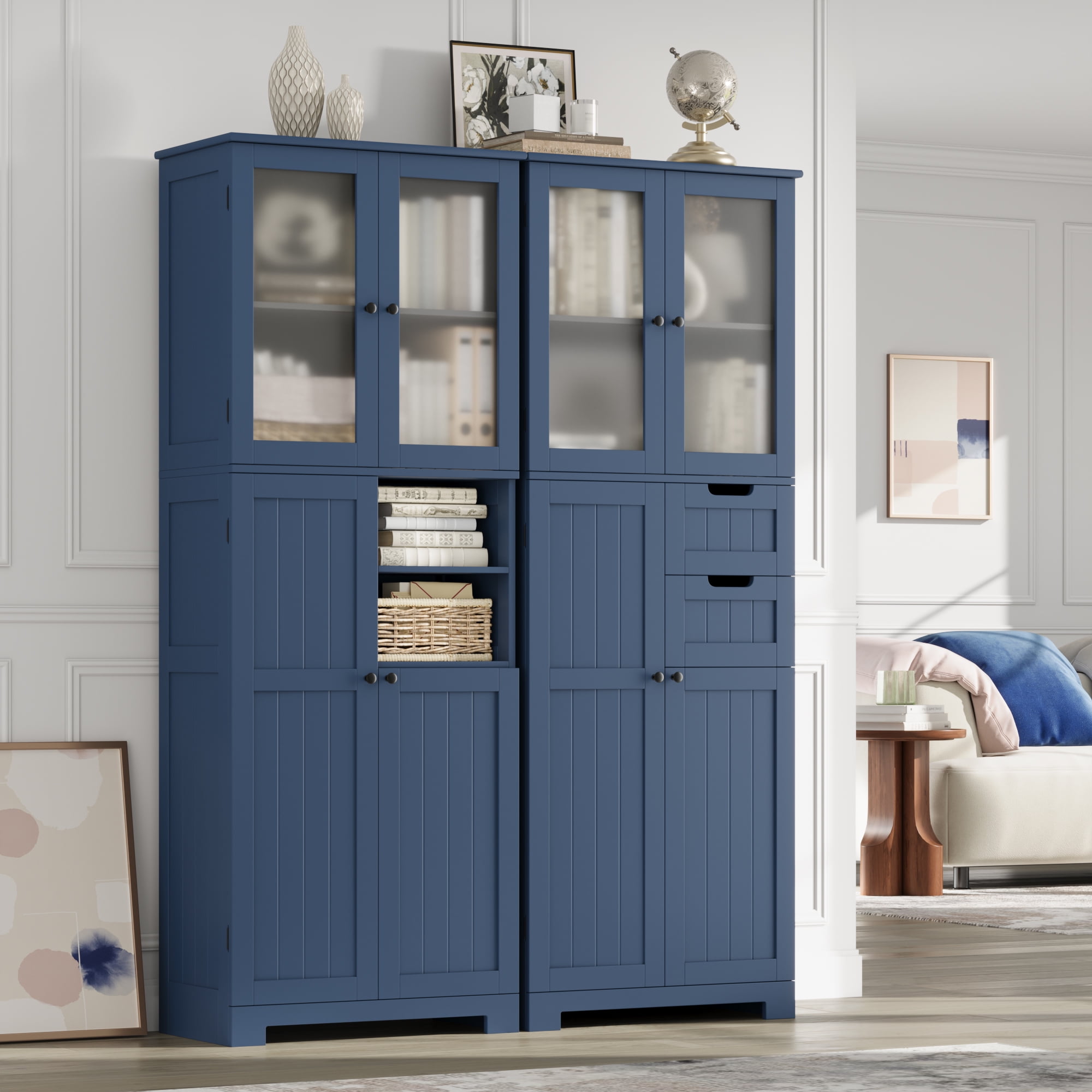 Homfa 67" Tall Bathroom Cabinet, Linen Cabinet with Doors and Removable Drawers, Kitchen Cupboard, Blue