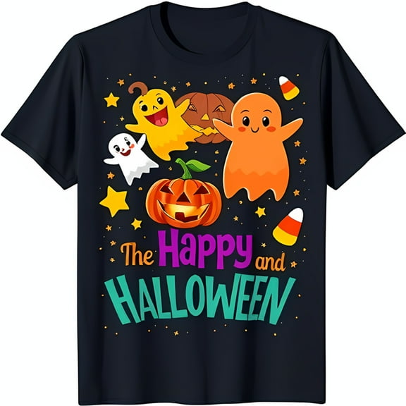 Fun Black T-Shirt with Colorful Halloween Pumpkin Ghosts & Candy Corn Graphic