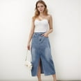 thumbnail image 4 of Women's High Waist Denim Midi Skirt with Front Slit Detail and Faded Wash Finish - Large, Light Blue, 4 of 7