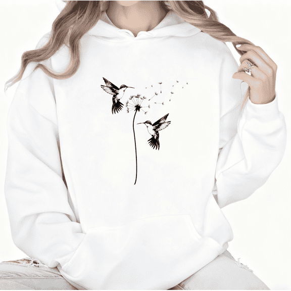 Hummingbird Dandelion Graphic Cotton Tee T-Shirt Print Top Hooded long-sleeved White S-2XL
