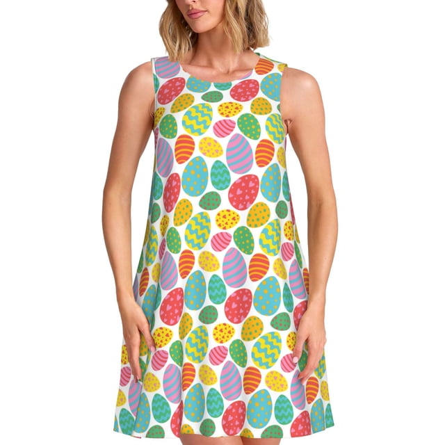 Fotbe colorful easter eggs Vestido de Verano sin Mangas para Mujer – Vestido Midi Línea A, Estilo Camiseta Floral, Vestido Playero Casual y Fluido