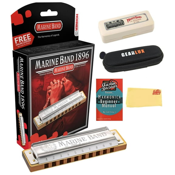 Hohner Marine Band 1896 Classic Harmonica - Key of C# Bundle with Carrying Case, Zip Case, Instructional Manual, and Austin Bazaar Polishing Cloth