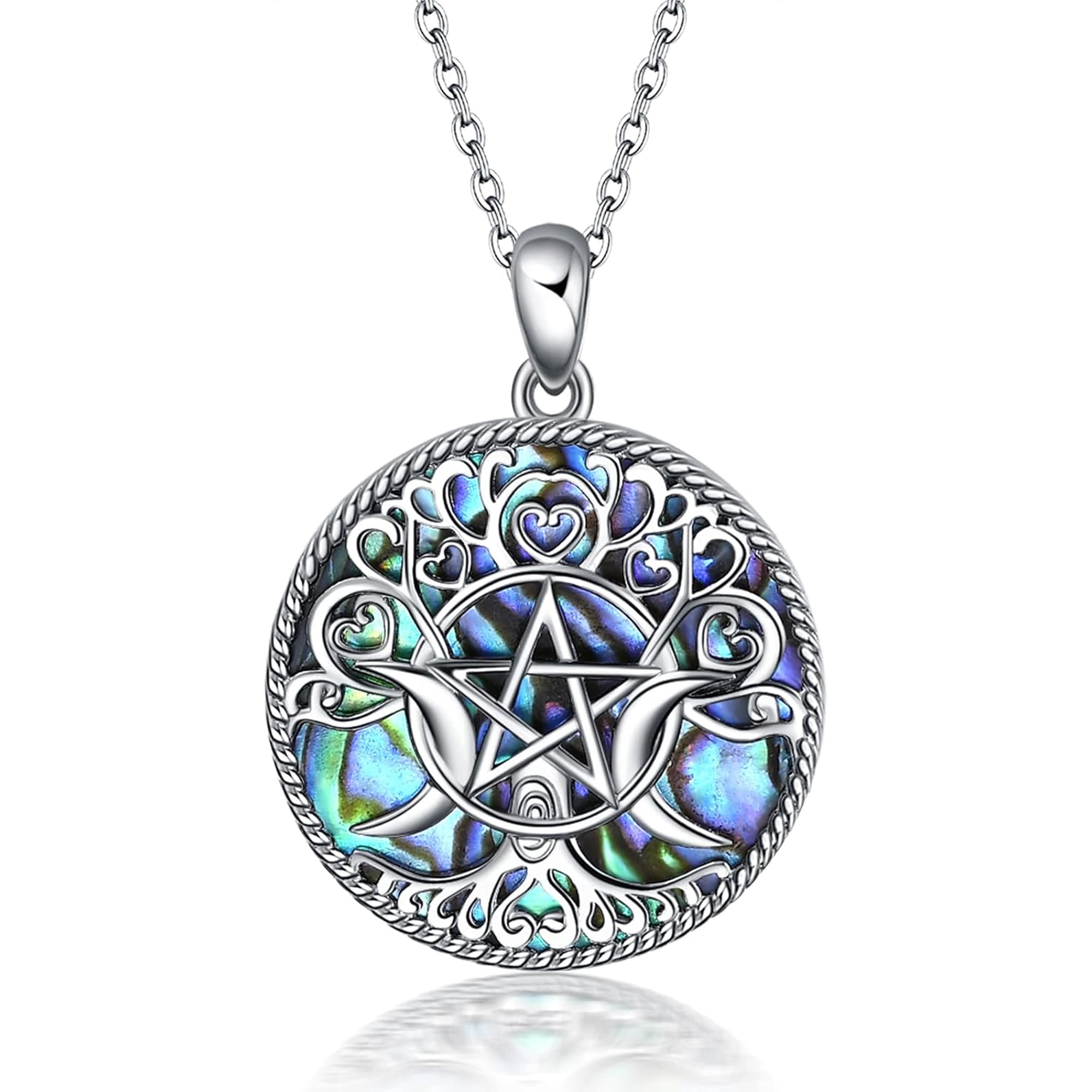 YAFEINI Triple Moon Goddess Necklace Sterling Silver Pentagram Pentacle Opal Pendant necklace Pagan Wiccan Magic Amulet Tree of Life Jewelry for Women Men 18"