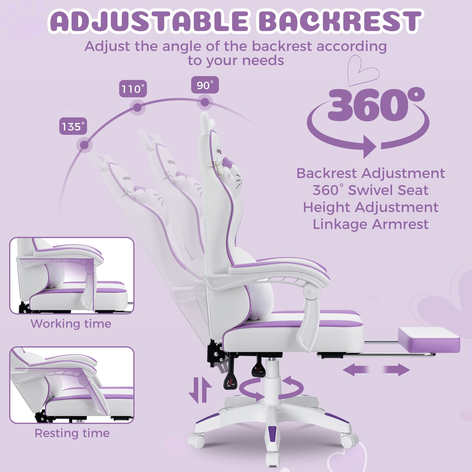 HOFFREE Gaming Chair for Girls with Cat Ears and Cloud Massage Lumbar Cute Computer Chair with Footrest Comfortable Reclining Game Chairs for Adults Teens Women Purple and White