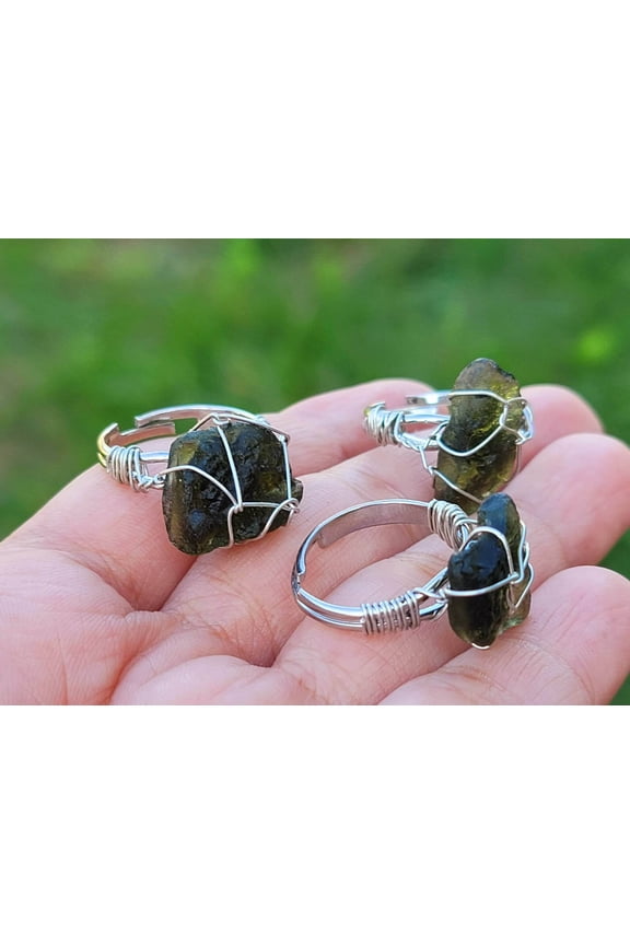 100% Natural Raw Moldavite Rings Wire Wrapped / Genuine Moldavite