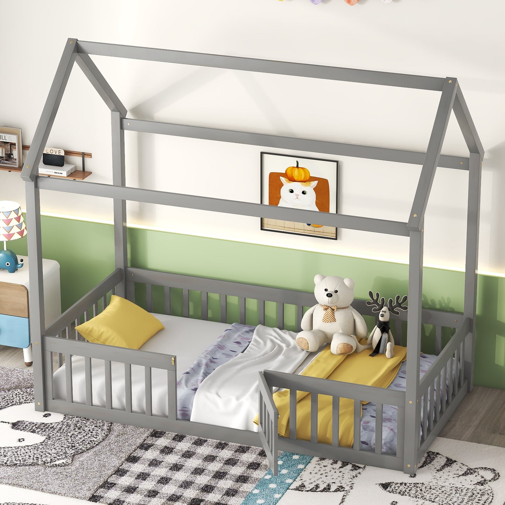 Twin Size Montessori Bed, Twin House Beds with Fence and Door, Floor Bed Twin with Rails (Gray)