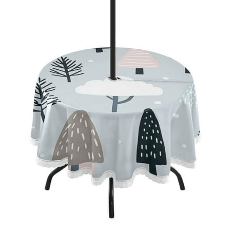 

60 Outdoor Round Tablecloth with Umbrella Hole & White Lace Trim Waterproof Patio Table Cover for Garden Kitchen Dining Playful Tree Pattern