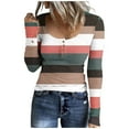 thumbnail image 1 of FAIWAD Women's Long Sleeve Knit Top Fall Winter Striped Print Ribbed Slim Stretch Top Button Down Basic Top, 1 of 4