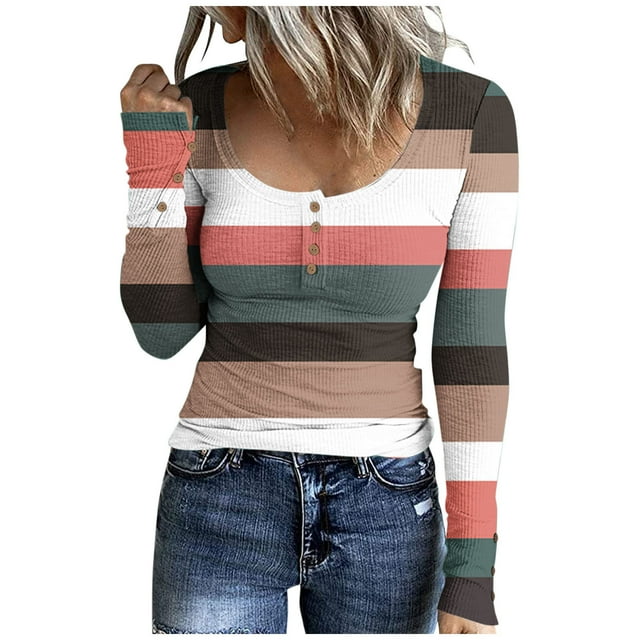 FAIWAD Women's Long Sleeve Knit Top Fall Winter Striped Print Ribbed Slim Stretch Top Button Down Basic Top