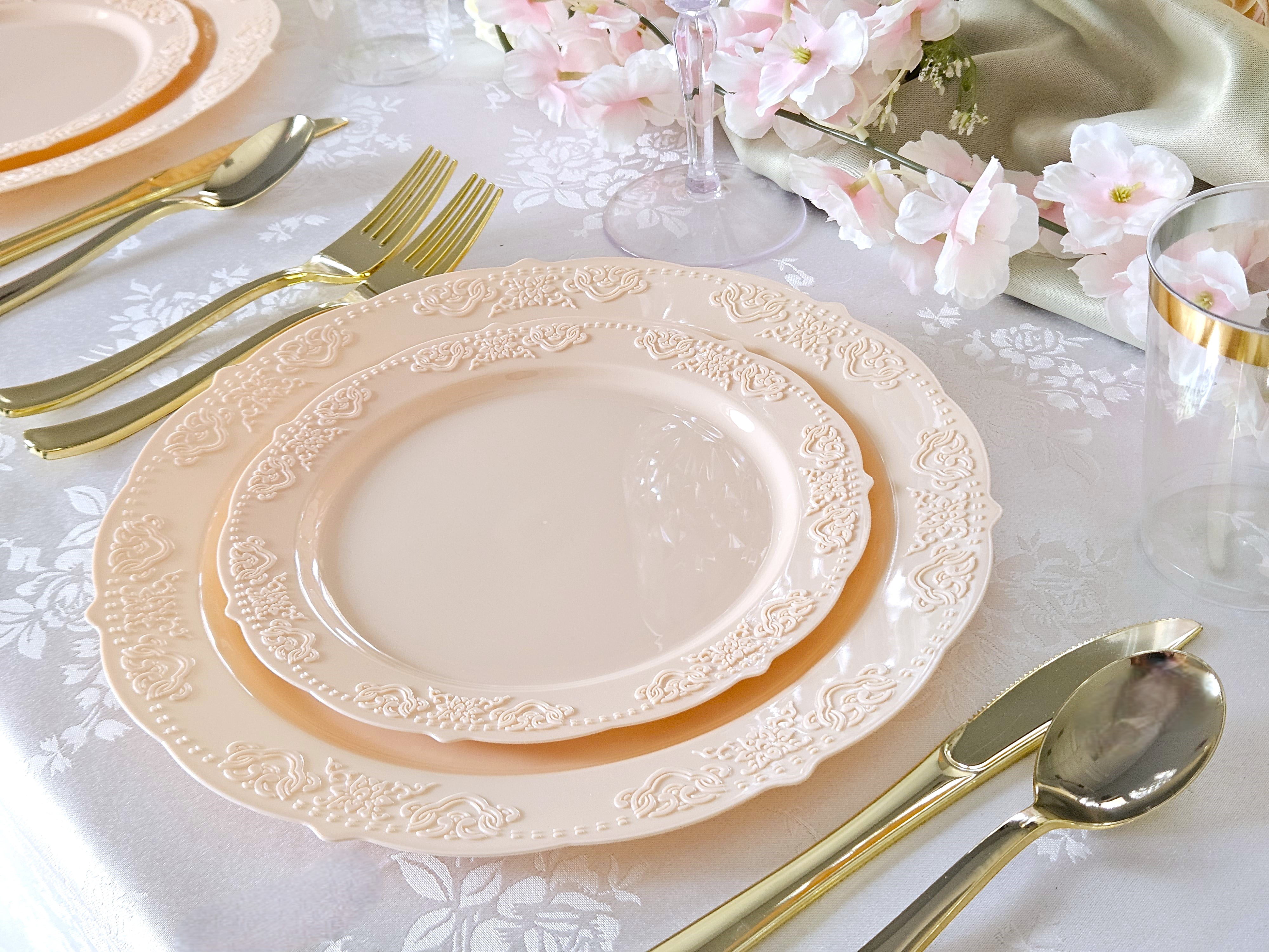 " OCCASIONS " 100 Plates Pack,(50 Guests) Vintage Wedding Party Disposable Plastic Plates Set -50x10.25'' Dinner + 50x7.5'' Salad/Dessert Plate (Portofino Blush / Antique Rose)