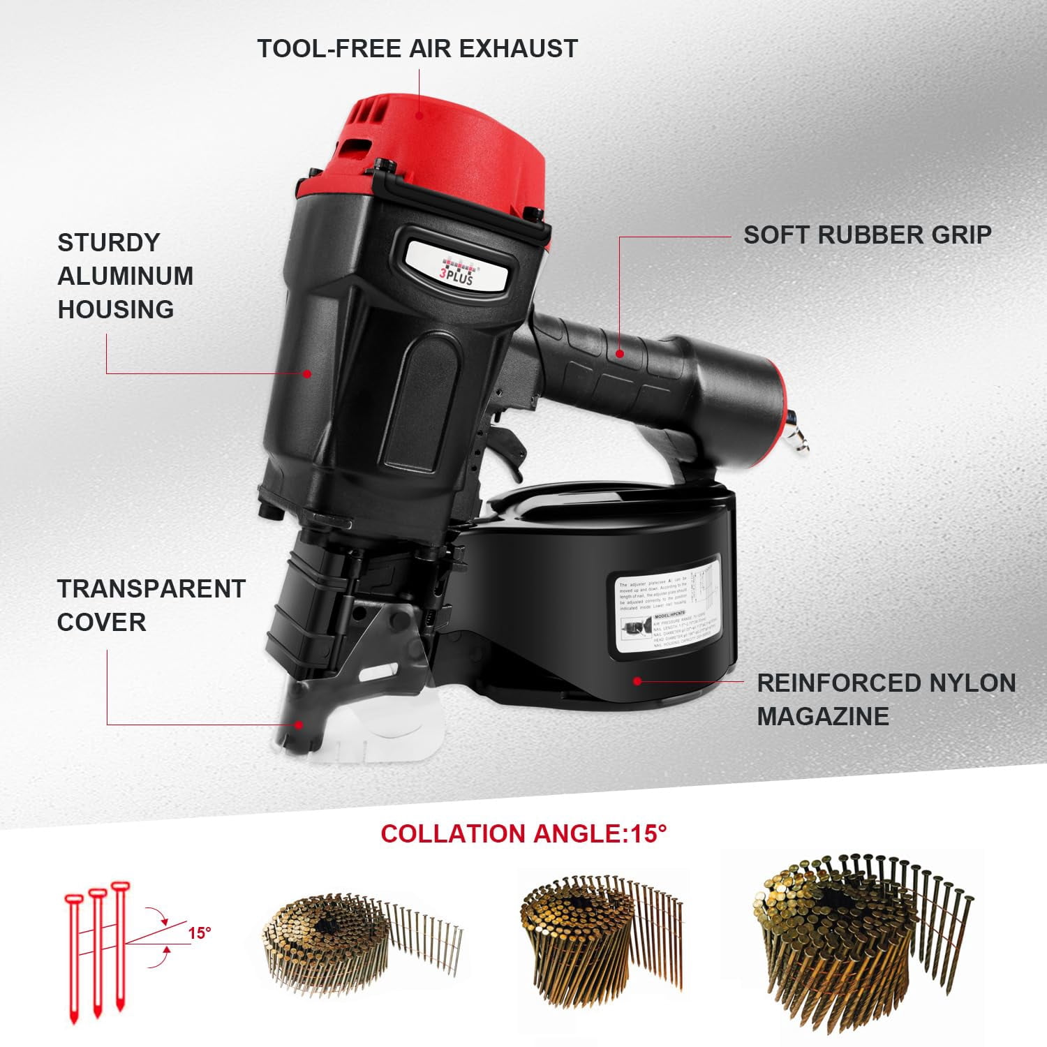 3PLUS HCN70SP Pneumatic Coil Pallet Nailer| Wire Collated Nails, 15 Degree Tilt Angle , 1-3/4'' to 2-3/4'' in Length