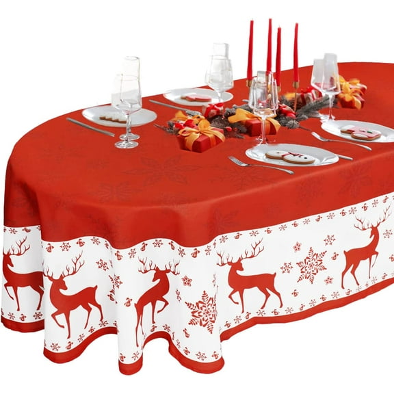 Oval Christmas Tablecloth, Christmas Table Cloth Oval Winter Snowflake Xmas Holiday Oval Tablecloth For Christmas Decor, Waterproof Wrinkle Free Red Christmas Tablecloth Oval For Oval Tables 54 X 72