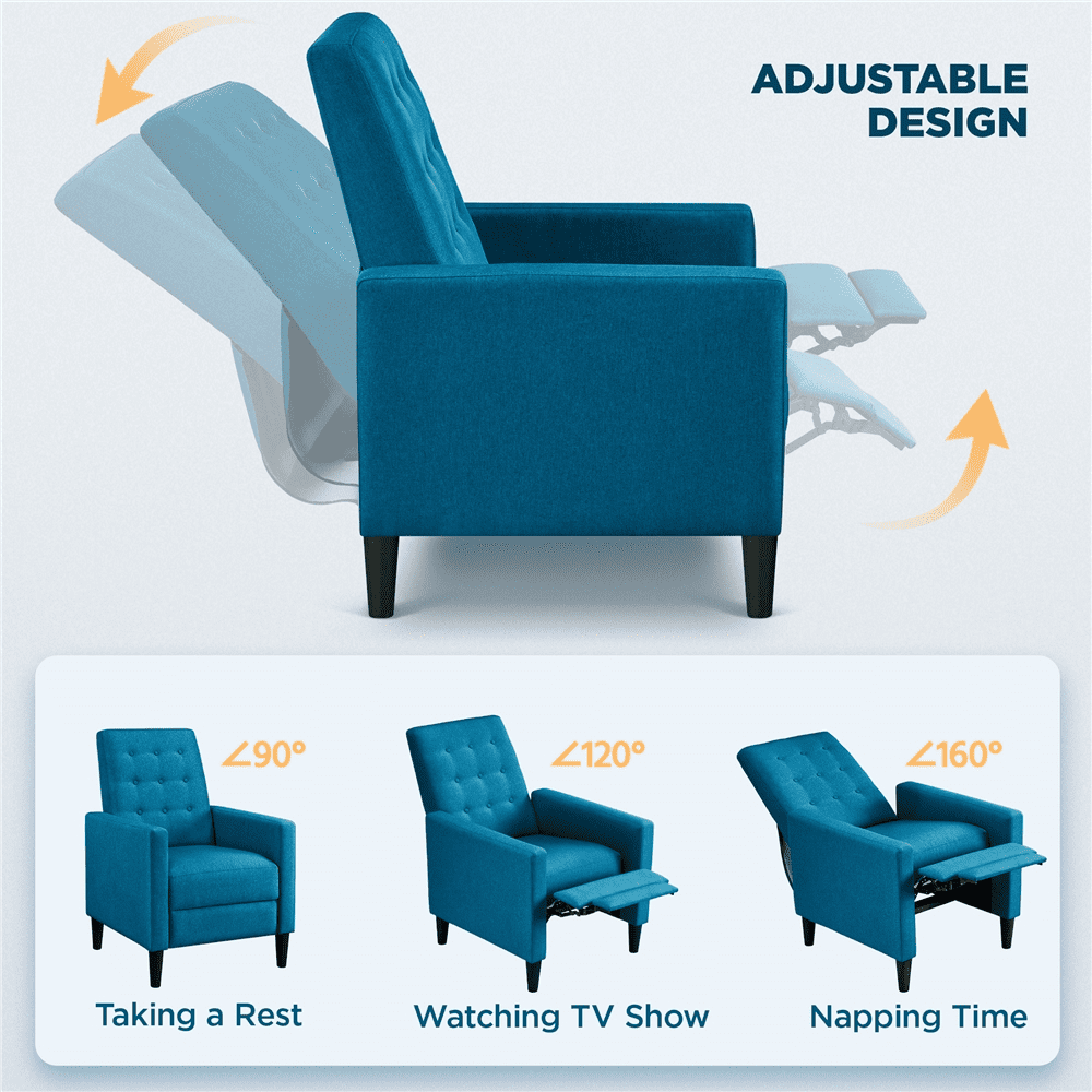 Alden Design Modern Tufted Fabric Push Back Recliner with Pocket Spring, Blue