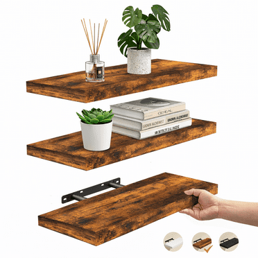 Ophanie 16 inch 3 Pack Wood Floating Shelves, Hanging Float Shelf for Bathroom, Bedroom, Living Room, Kitchen with 22lbs Capacity, Wall Mounted Decorative Shelves, 16 x 6.7x 1.1 Inch, Set of 3, Brown
