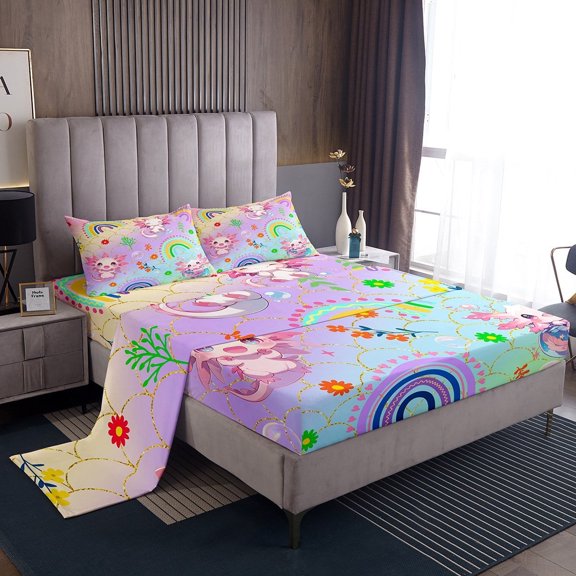 Erosebridal Pink Axolotl Bed Sheets Set Twin Size, Kawaii Sealife Bedding Twin Size, Mermaid Scales Sheet Set Twin, Ultra Soft Bedroom Decorative, 3pcs