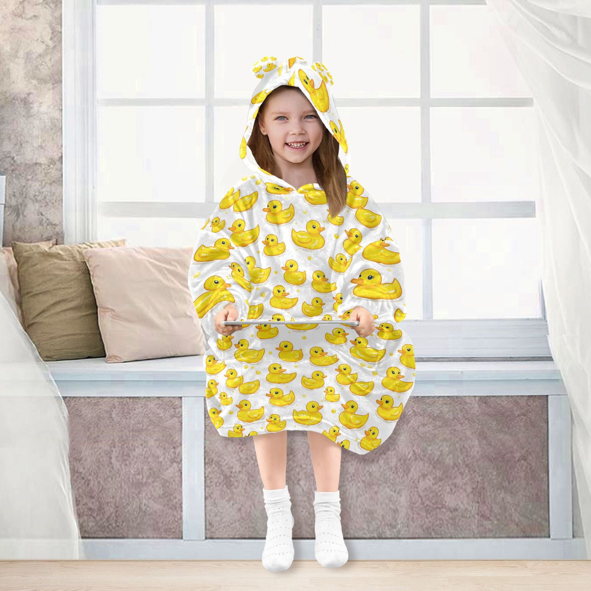 FORMRS Wearable Blanket Hoodie with Sleeves for Kids Cozy Flannel Sweatshirt, Yellow Rubber Ducks